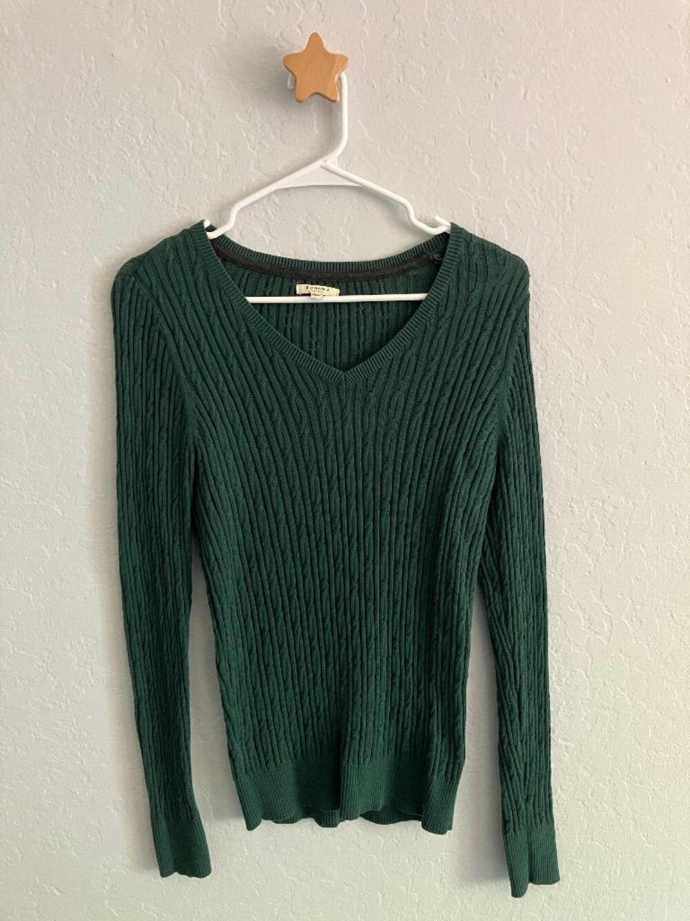 Sonoma Forest Green Ribbed Knit V-Neck Everyday Cotton Sweater